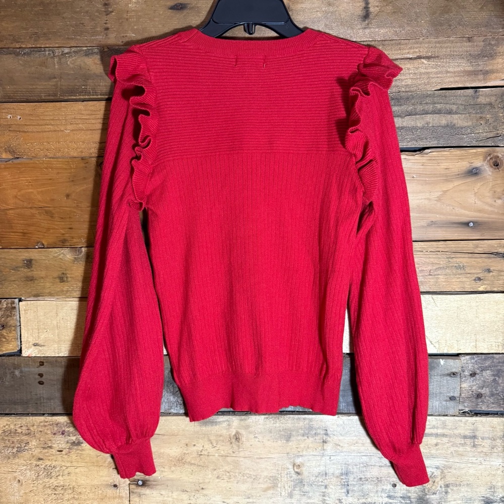 Red Ruffle-Shoulder Knit Sweater - Women's - Picture 2 of 6
